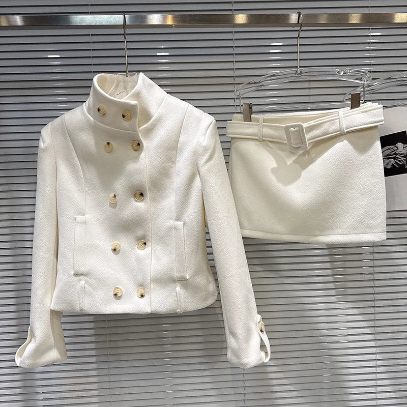 Winter New Style Elegant Double-Breasted Woolen Quilted Stand Collar Coat A-line Short Skirt Set For Women 11A07948