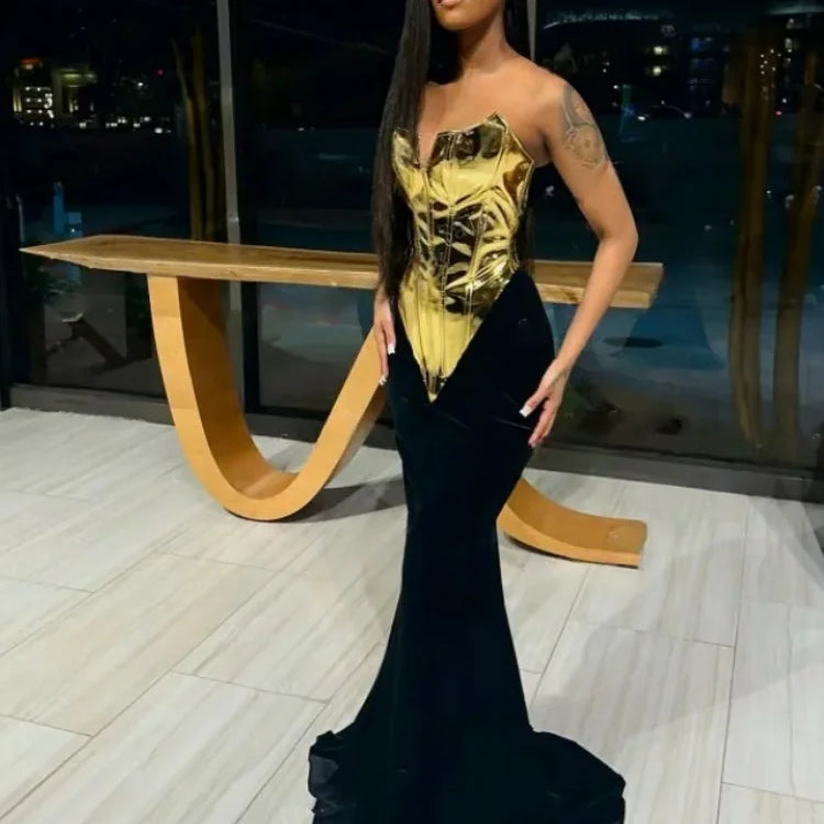 2025 Fashion Glod PU Woman Set Strapless Tops And Package Hips Balck Skirt 2 Pieces Evening Party Outfit Performance costume black