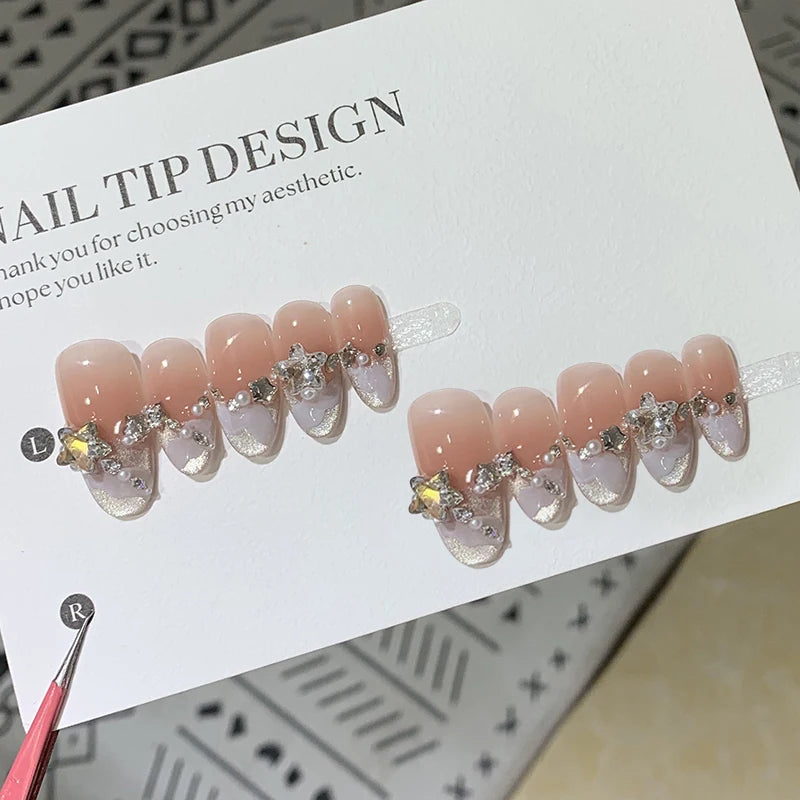 10Pcs Short Almond Handmade Press on Nails Cute Cat Eye 3D Red Bowtie Designs Finished Nail Polka Dot Lace Edge Oval False Nails 3 S