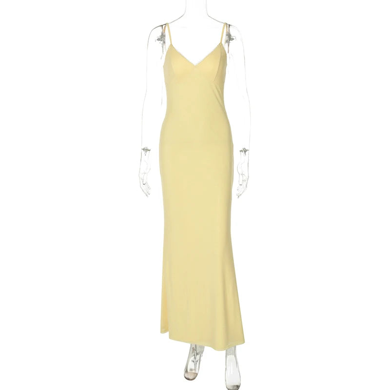 Spaghetti Strap Backless Sexy Maxi Dress For Women Gown Summer New Yellow Sleeveless Bodycon Long Dress Vestido