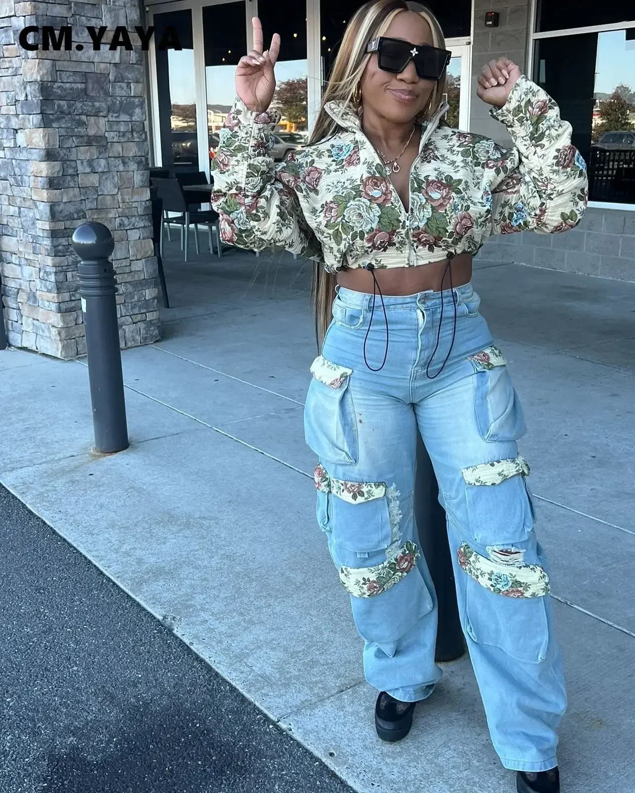 CM.YAYA Washed Denim Women's Set Full Sleeve Floral Jacket and Pockets Cargo Jeans Pants Suit 2024 Street Two 2 Piece Set Outfit