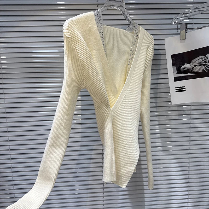 Winter New Fashion Deep V-Neck Rhinestone Mesh Edge Waist-Cinching Knitted Sweater For Women Slim Fit Tops 11A07808