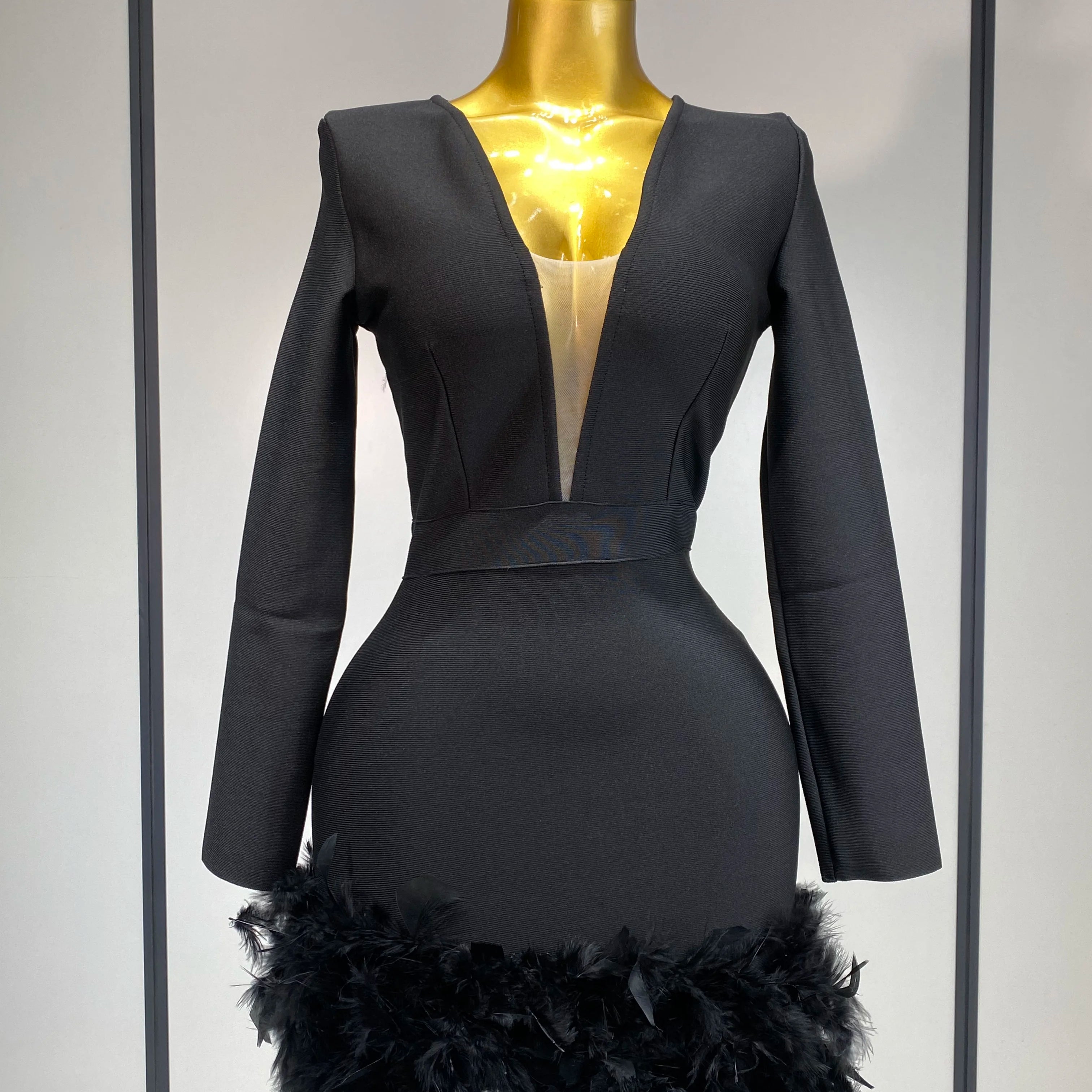 Women Fashion Sexy V Neck Long Sleeve Black Feather Mini Bodycon Bandage Dress Elegant Evening Club Birthday Party Dress black
