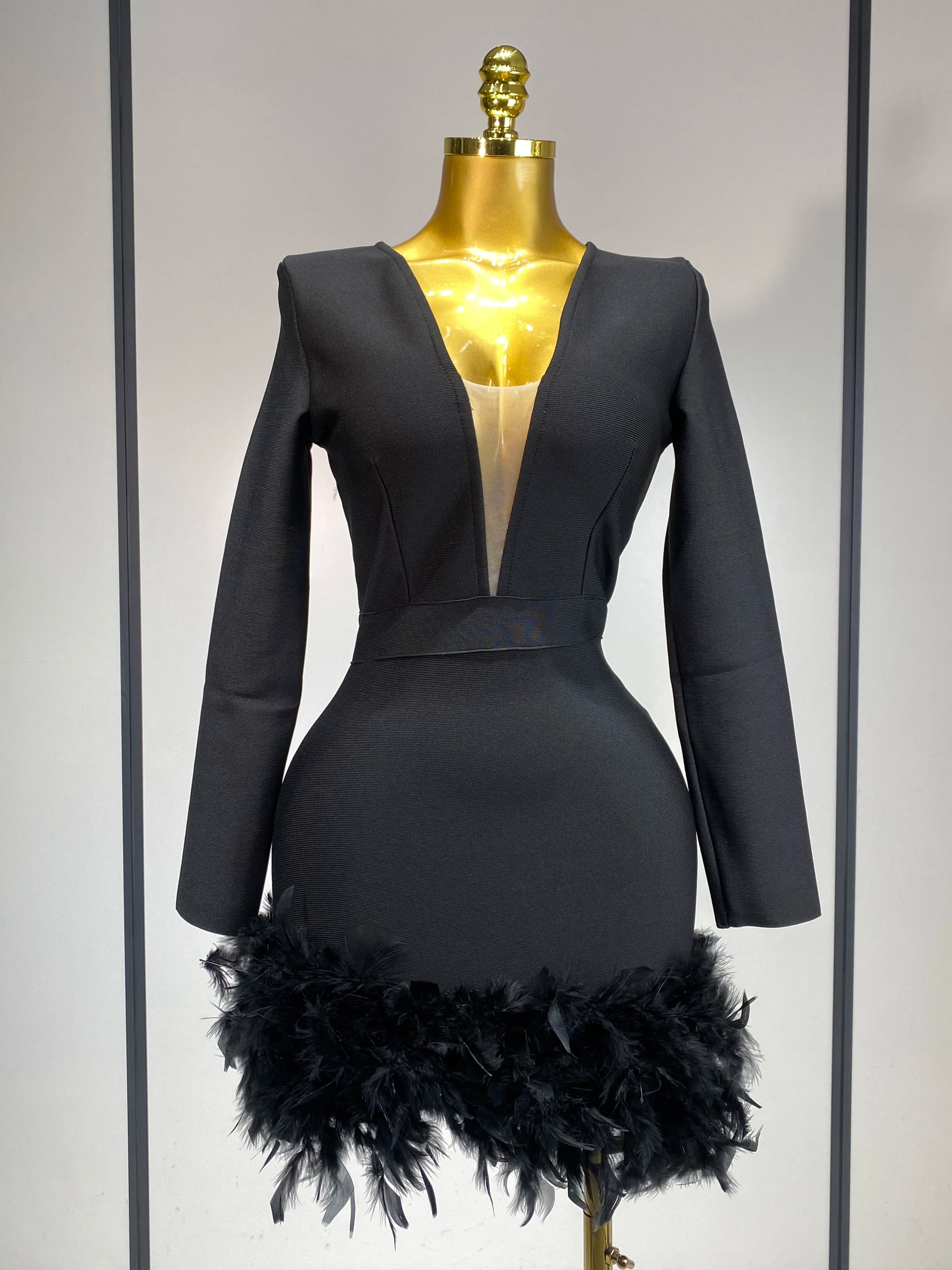 Women Fashion Sexy V Neck Long Sleeve Black Feather Mini Bodycon Bandage Dress Elegant Evening Club Birthday Party Dress black