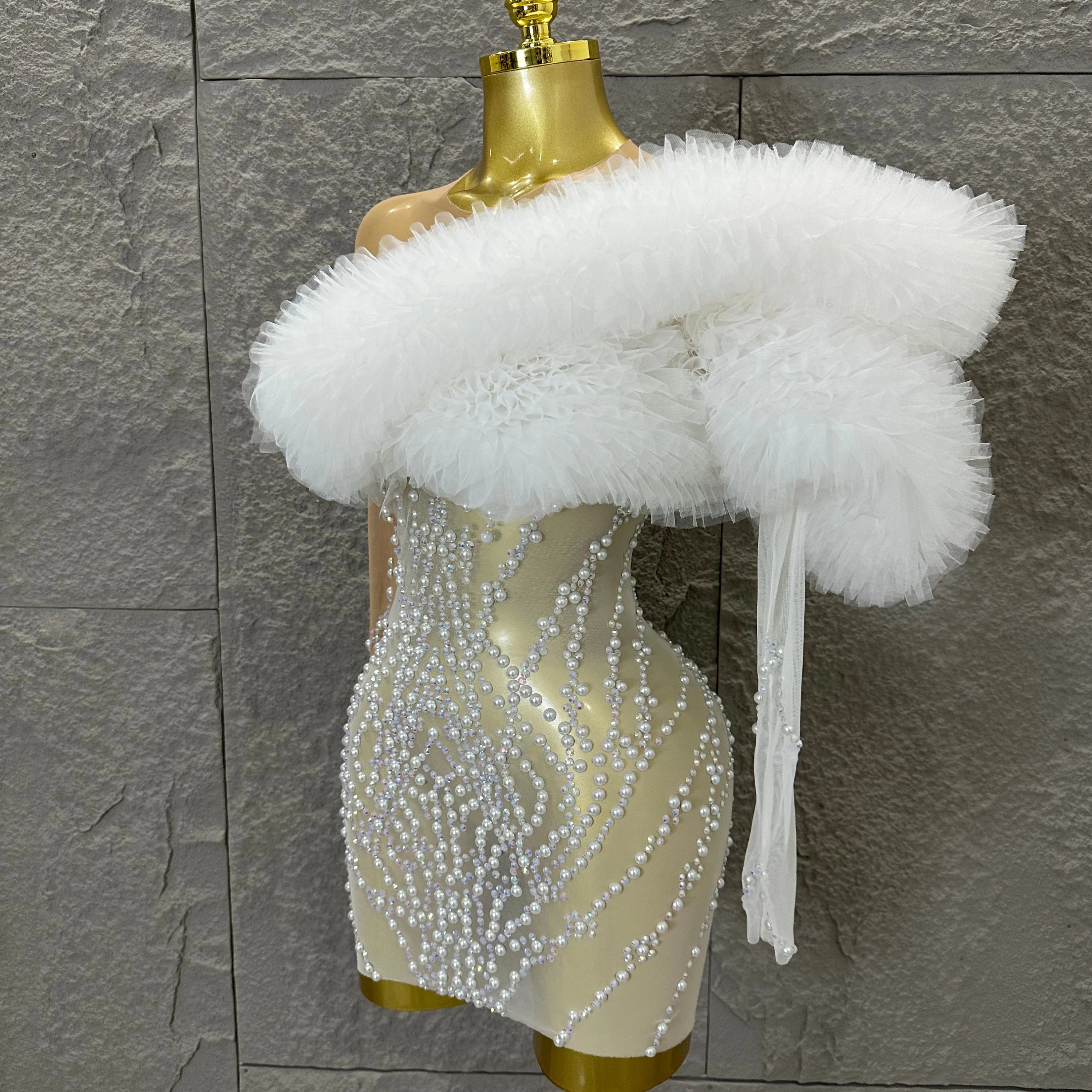 Luxurious Nude Sheer Mesh Mini Dress Women One-Shoulder Pearl Beaded Ruffle Tulle Bodycon Evening Costume