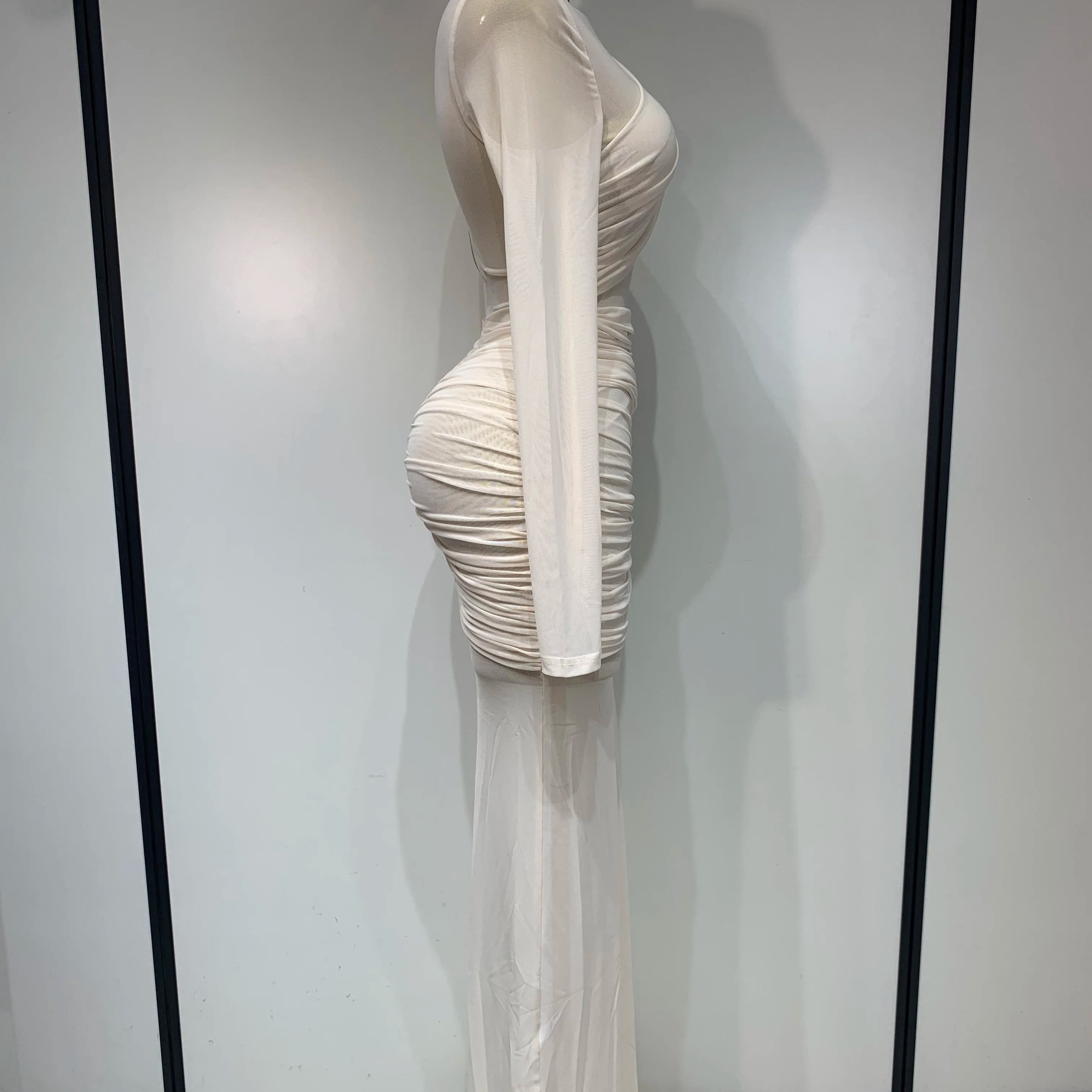 Elegant Mesh Fold Long Sleeve Bodycon Dress Women 2025 Evening Party Club Sexy Perspective Fashion Luxury Birthday Dresses