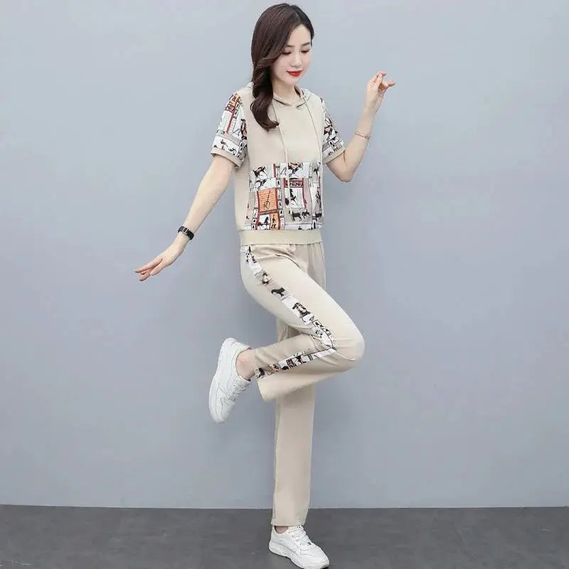 Women's Large Autumn New Casual Suit Loose Fashion Printed Hooded Short Sleeve Tops And Pants 2 Two Piece Set Plus Size Clothing
