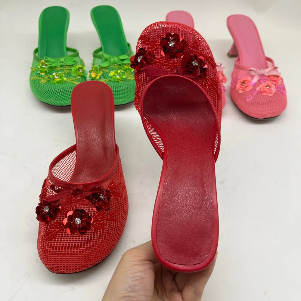 2025 Summer Spring Women Slippers for Woman Mesh Flower High Heeled Shoes Sexy Ladies Slip-On Non-Slip Round Toe Wedding Sandals