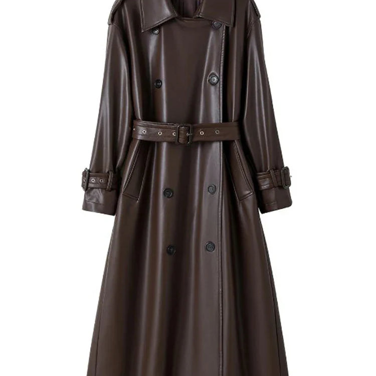 Spring Autumn Long Loose Brown Pu Leather Trench Coat for Women Belt Double Breasted American and European Fashion 2023