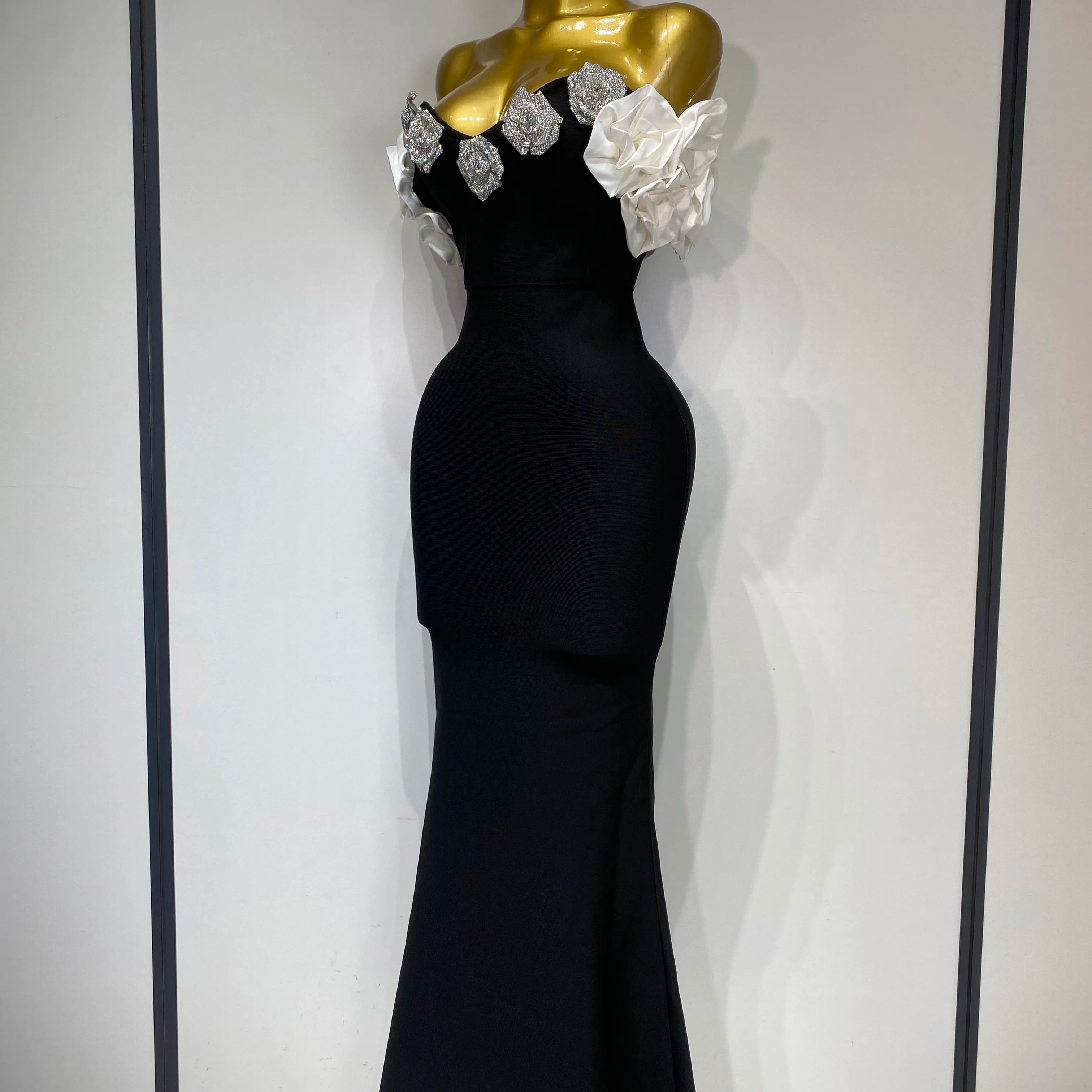 Women Luxury Rhinestone Celebrity Sexy Off Shoulder Flower Maxi Long Bodycon Bandage Dress Elegant Evening Club Party Outfit