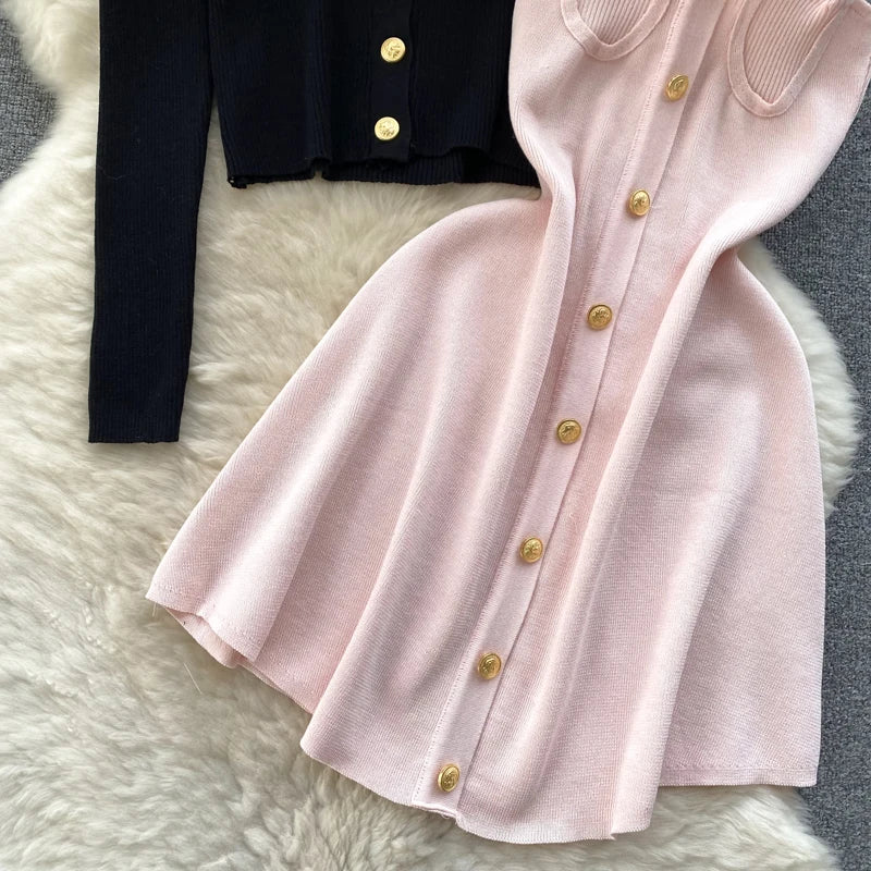 Women Dress Sets Autumn Fashion Spaghetti Straps Mini Dress + Full Sleeve Knitted Coats Lady Y2K Two Piece Suits