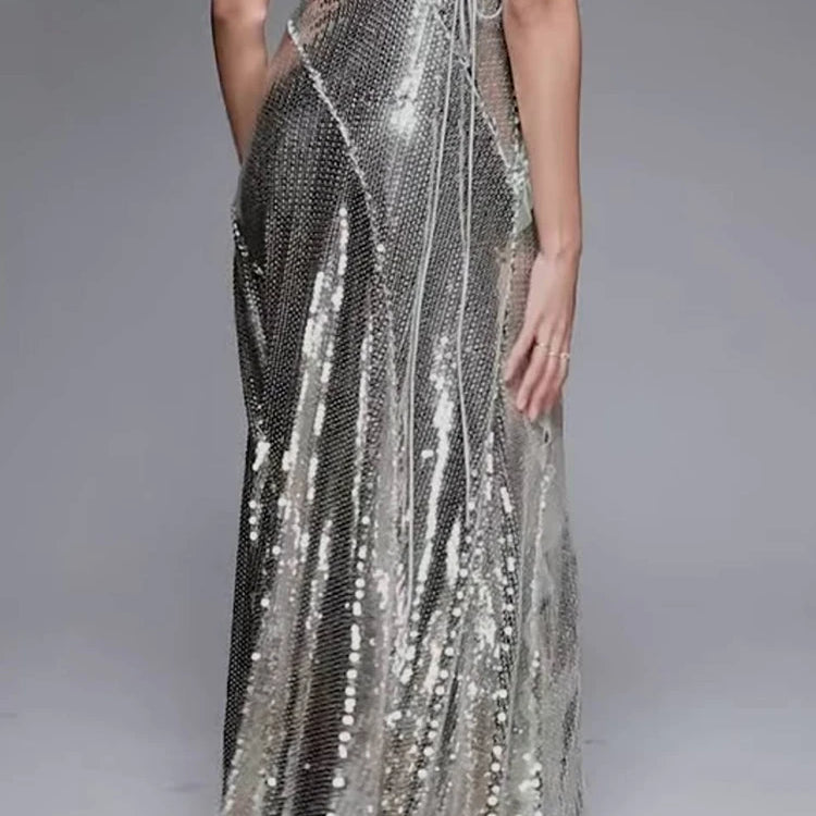 Starry Silver Sequin Strappy Backless Sleeveless with Ruffle Mesh Details Dressfor Party Glamour Gown