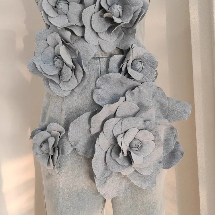 3D Appliques Flower Strapless Demin Jumpsuits For Women Off Shoulder Sleevelss Solid Color High Waist Full Length Overalls New
