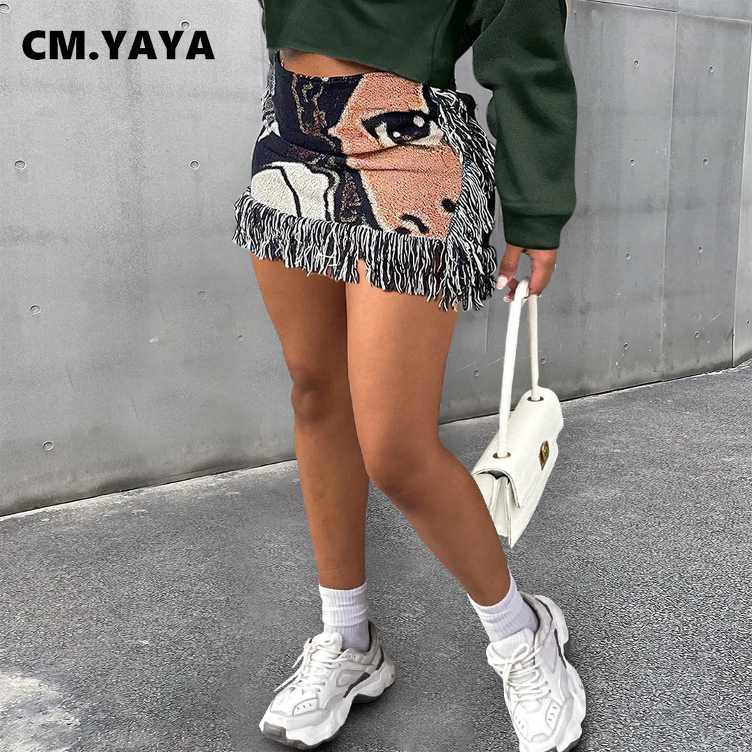 2024 Spring Casual Fashion Pattern Tassel Mini Short Skirt Slim Print Street Female INS Classic Women’s Skirts