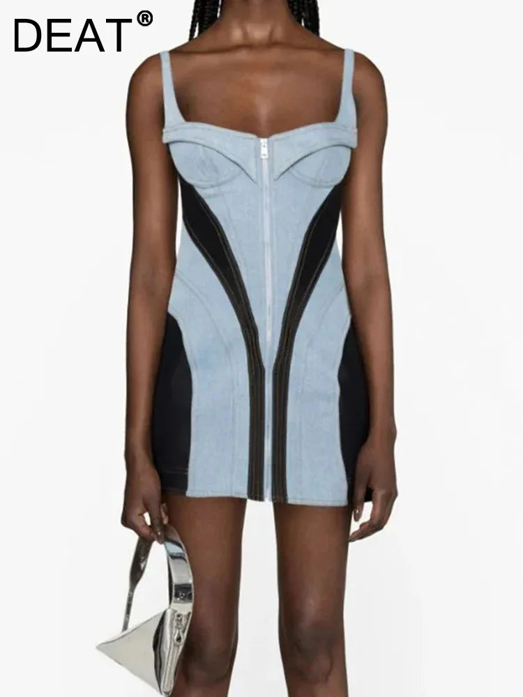 DEAT Streetwear Patchwork Contrast Color Denim Dress For Women Sleeveless Zipper Short Dresses Summer Female New 11XX4973