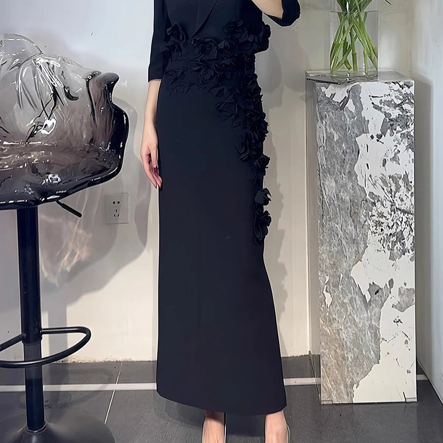Solid Slimming Spliced 3D Flower Two Piece Sets for Women Lapel Half Sleeves Short Top High Waist Skirt Set Female BLACK