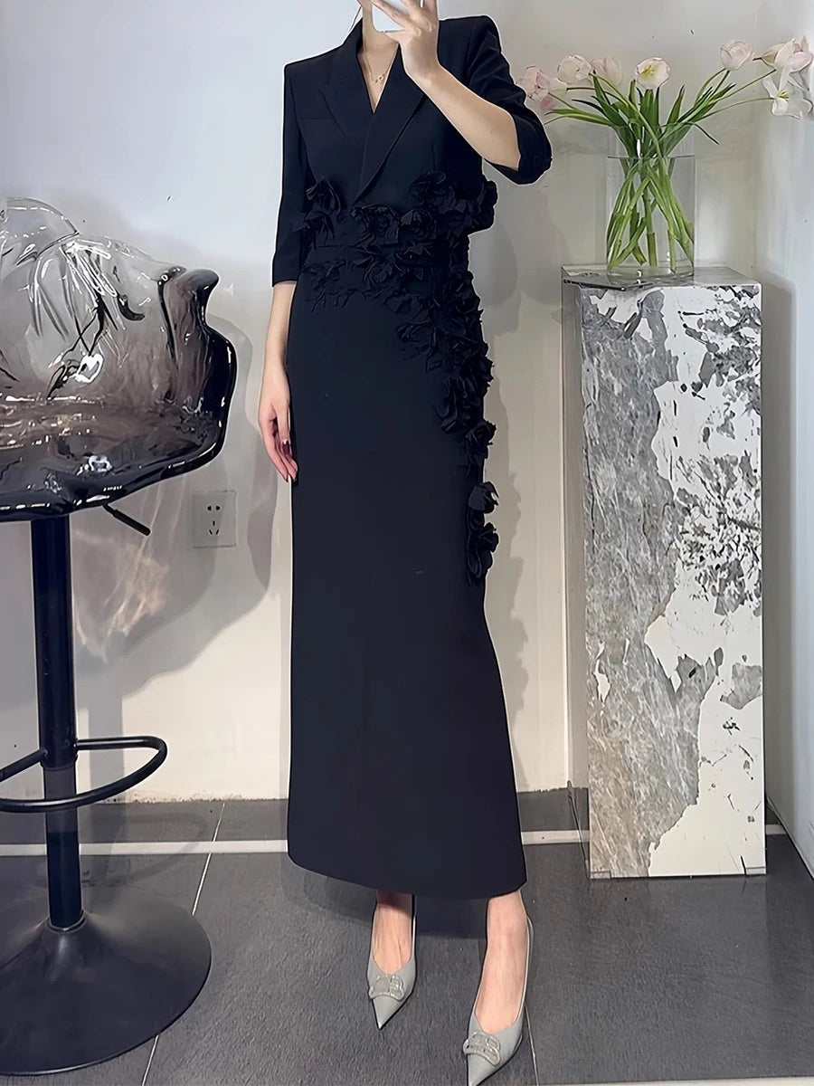 Solid Slimming Spliced 3D Flower Two Piece Sets for Women Lapel Half Sleeves Short Top High Waist Skirt Set Female BLACK