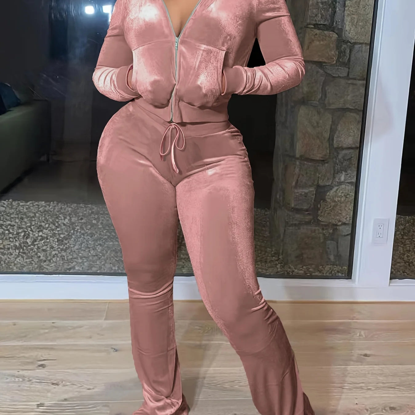 Plus Size 1XL-5XL Women Fashion Round Neck Solid Color Two Piece Set Ladies Casual Long Sleeve T-Shirt & Pants Outfit Pink