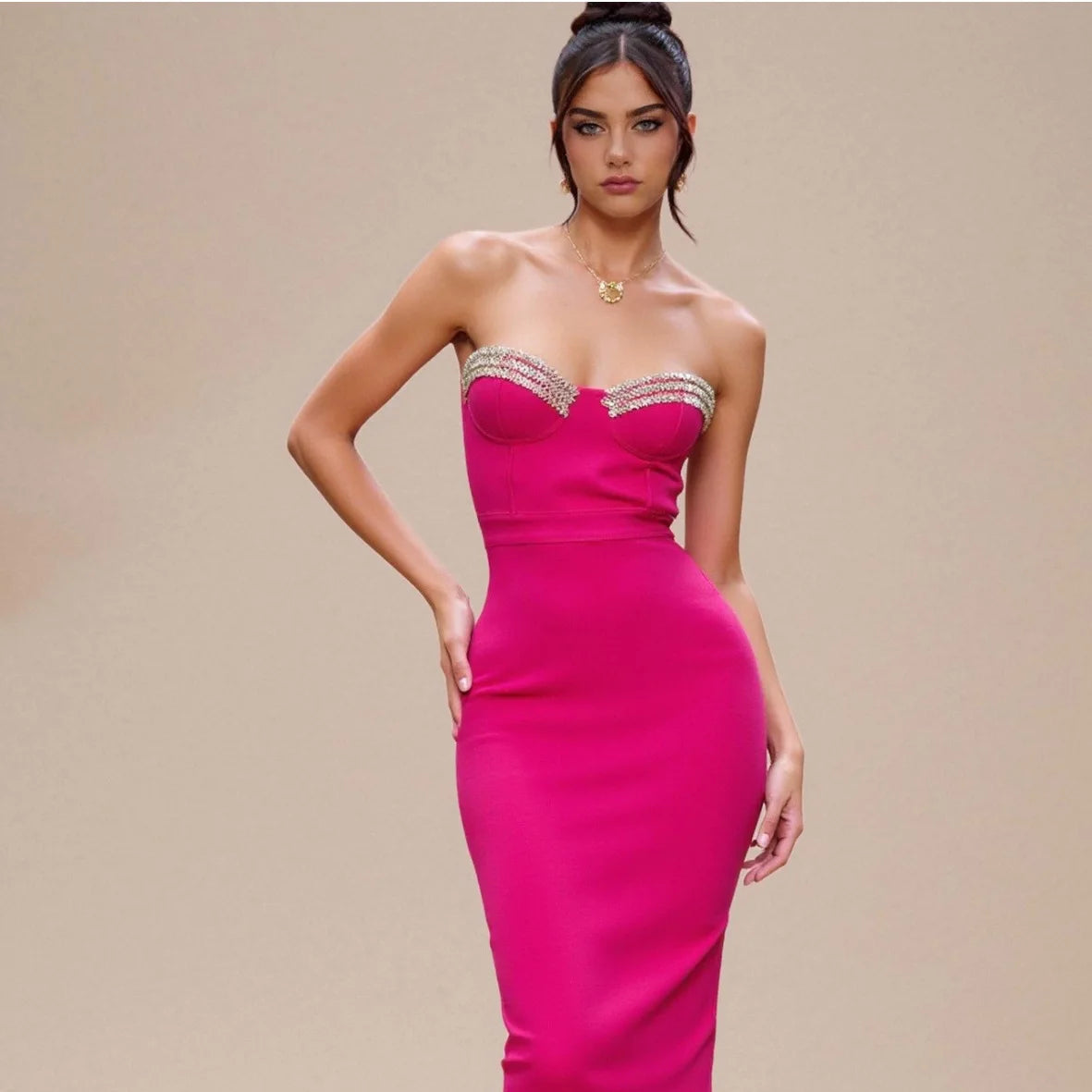 Rosered Color Women Sexy Strapless Shinning Crystal Bodycon Bandage Mid-calf Dress Nightclub Party Celebrate Birthday Outfit