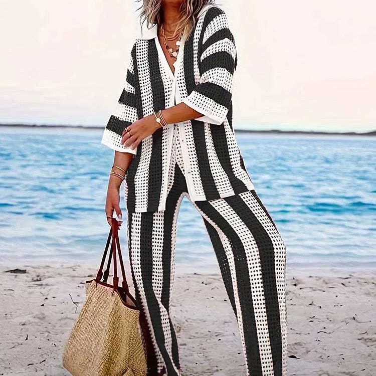 Summer Outfits for Women Vacation Hollow Out Sweater Shirt and Trouser Lady Casual Sexy Plus Size Sets 2 Piece Pants Sets Wide