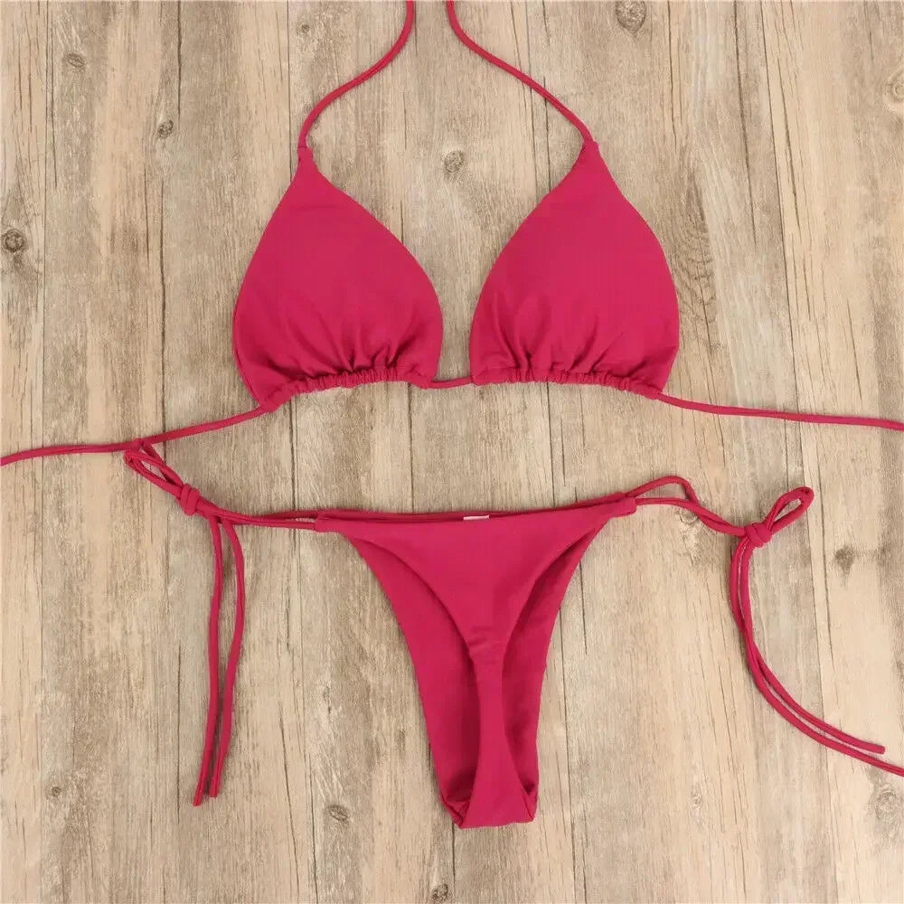 2 Pcs/Set Bikini Set Sexy Bikinis Solid Color Halter Neck Strap Thong Swimwear Bathing Suit Women Swimsuit Set for Beach Wine Red