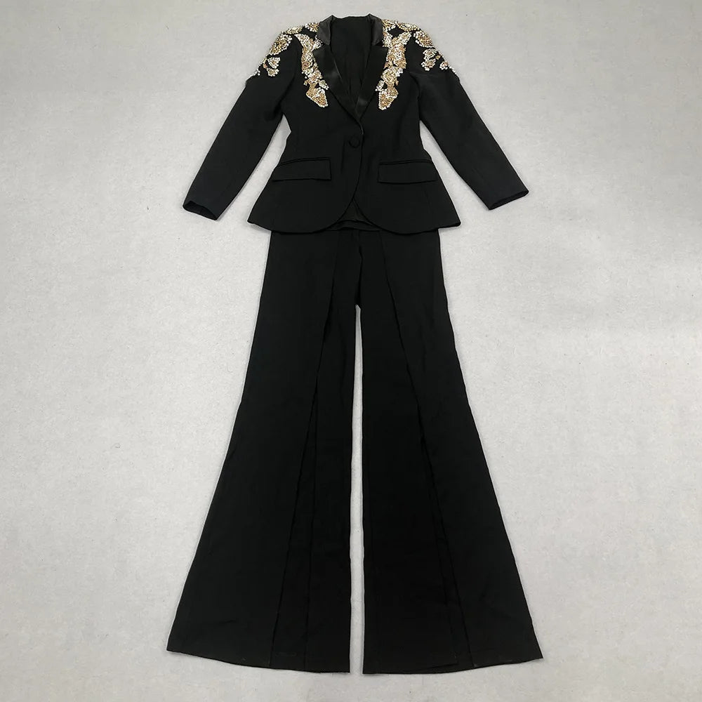 Slimming Two Piece Sets for Women V Neck Long Sleeves Spliced Appliques Top High Waist Wide Leg Pant Set Female New