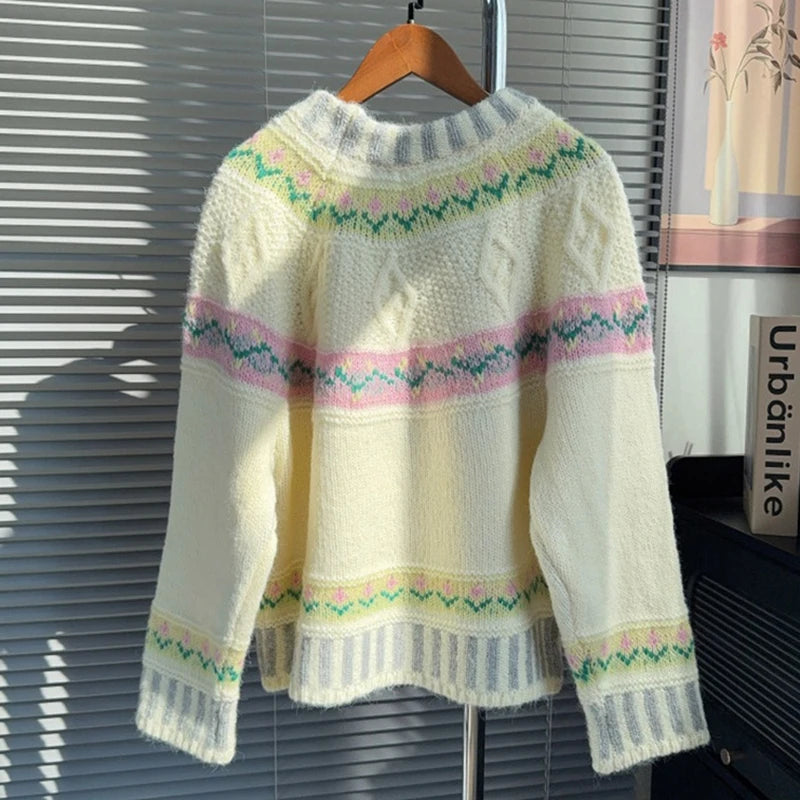 Autumn Winter New Round Neck Contrast Color Knit Sweater For Women Lazy Style Loose Contrast Color Pullover 11A07870