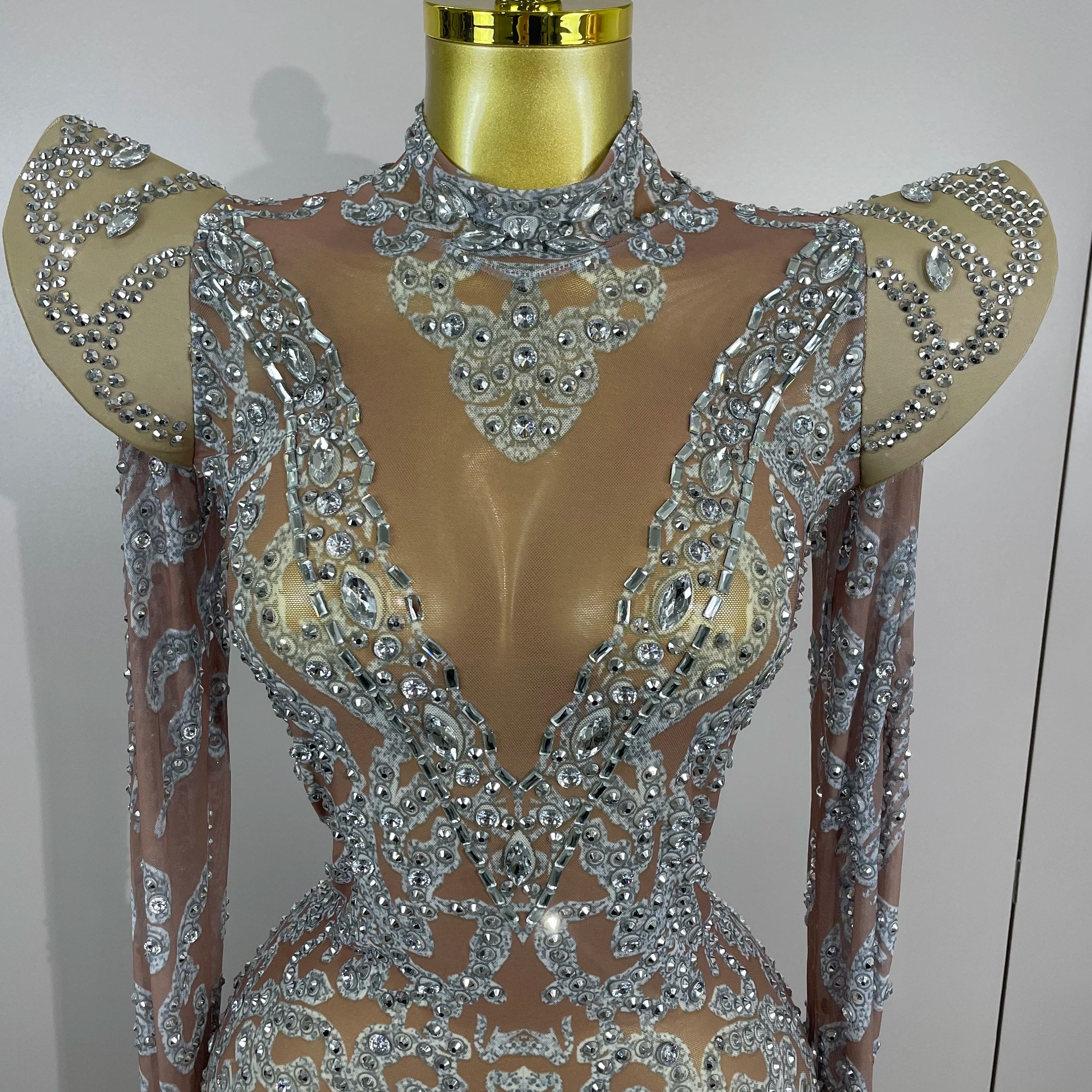 Sexy Singer Stage Drag Queen Costume 2025 Women Shiny Rhinestones Transparent Short Dress Birthday Celebrate Photoshoot Dress