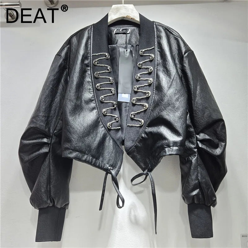 Autumn Winter Fashion V-Neck PU Leather Heavy Beading Design Pleated Coat For Women High Street Jacket Trendy 11A07727