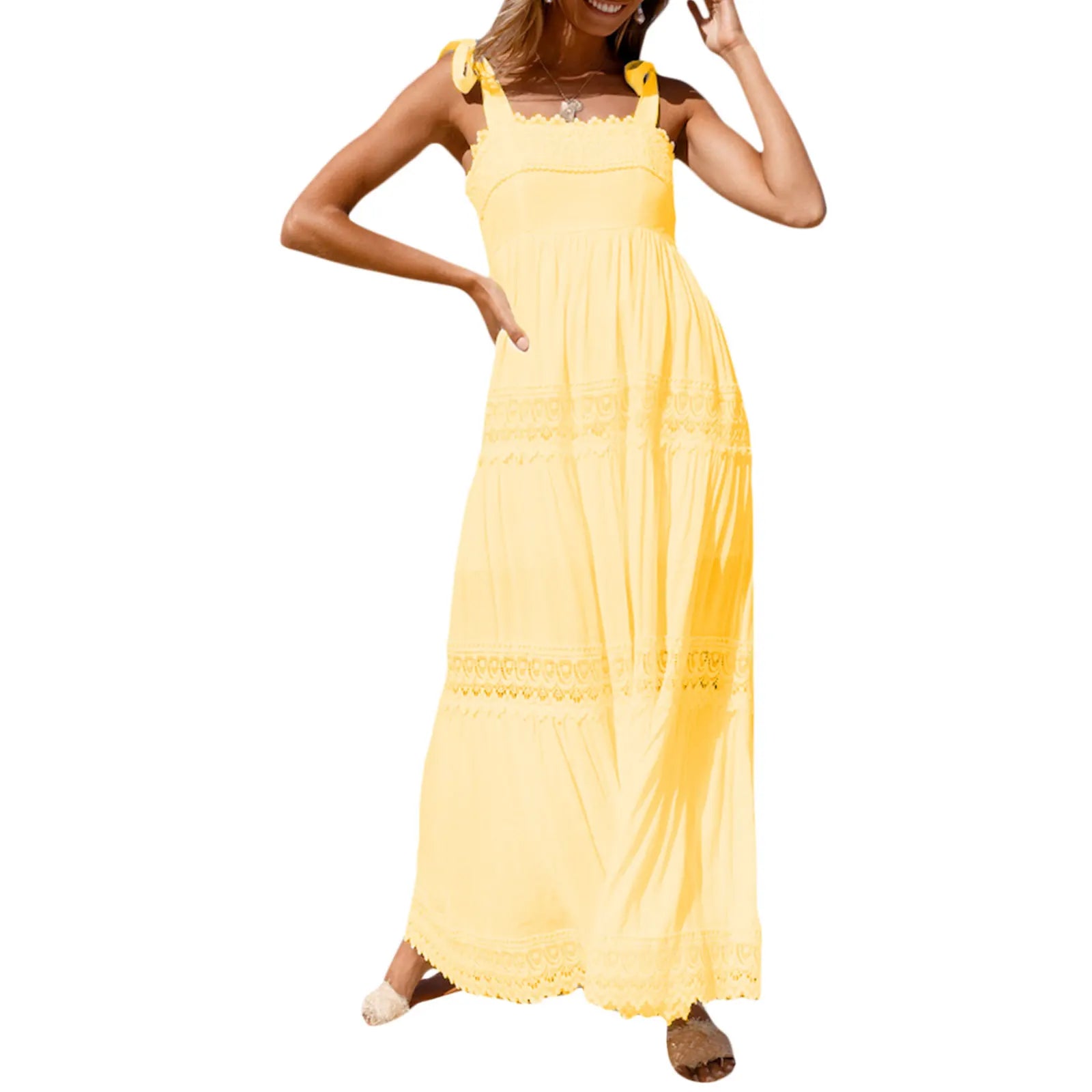 Summer Solid Tunic Women Maxi Dress V Neck Female Elegant Ruffles Party Long Dresses Beach Spaghetti Strap Casual Sundress 8 M