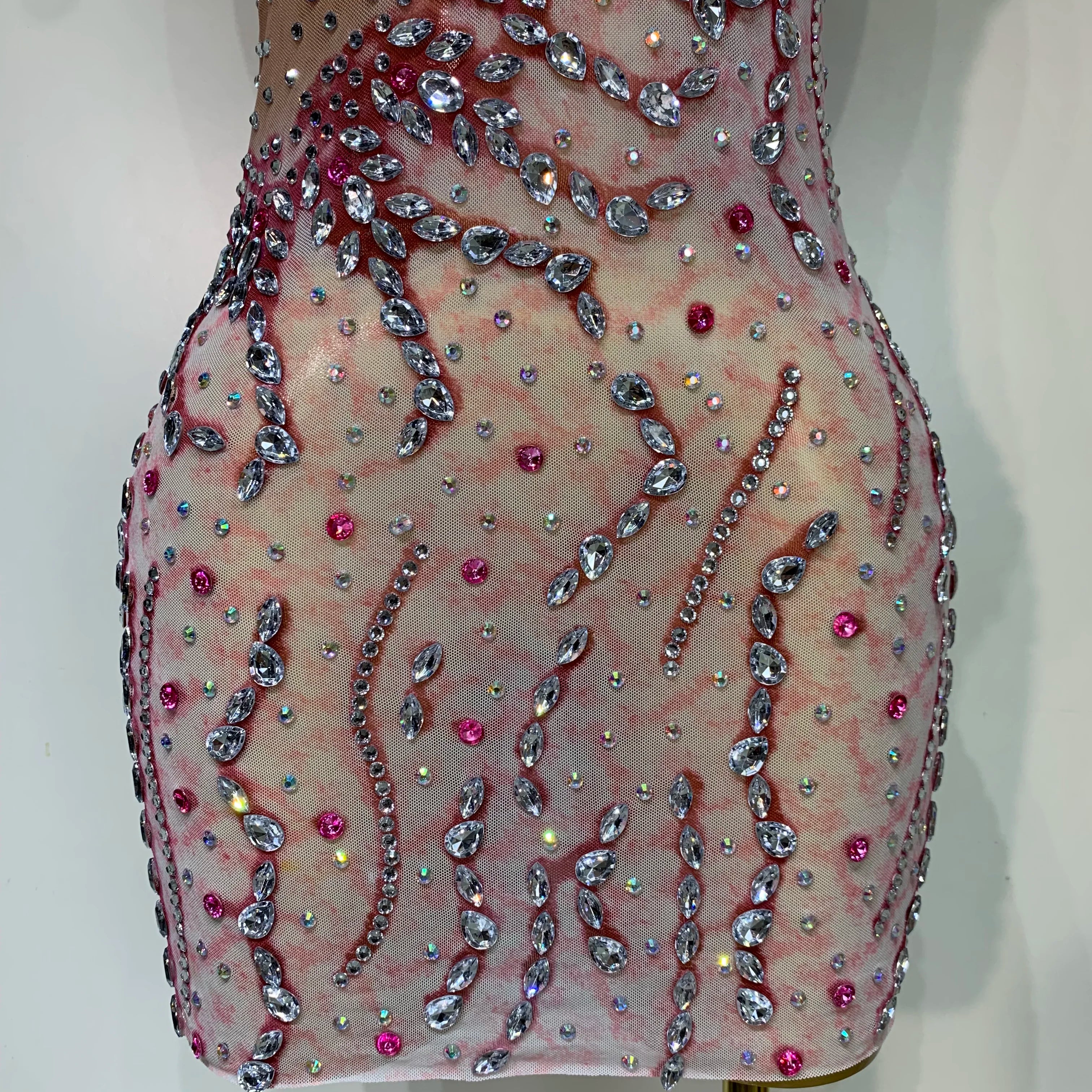 Women Sexy Mesh See Through Rhinestone Mini Dress Stage Dancer One Shoulder Stretch Night Club Party Birthday Dress Stage Outfit