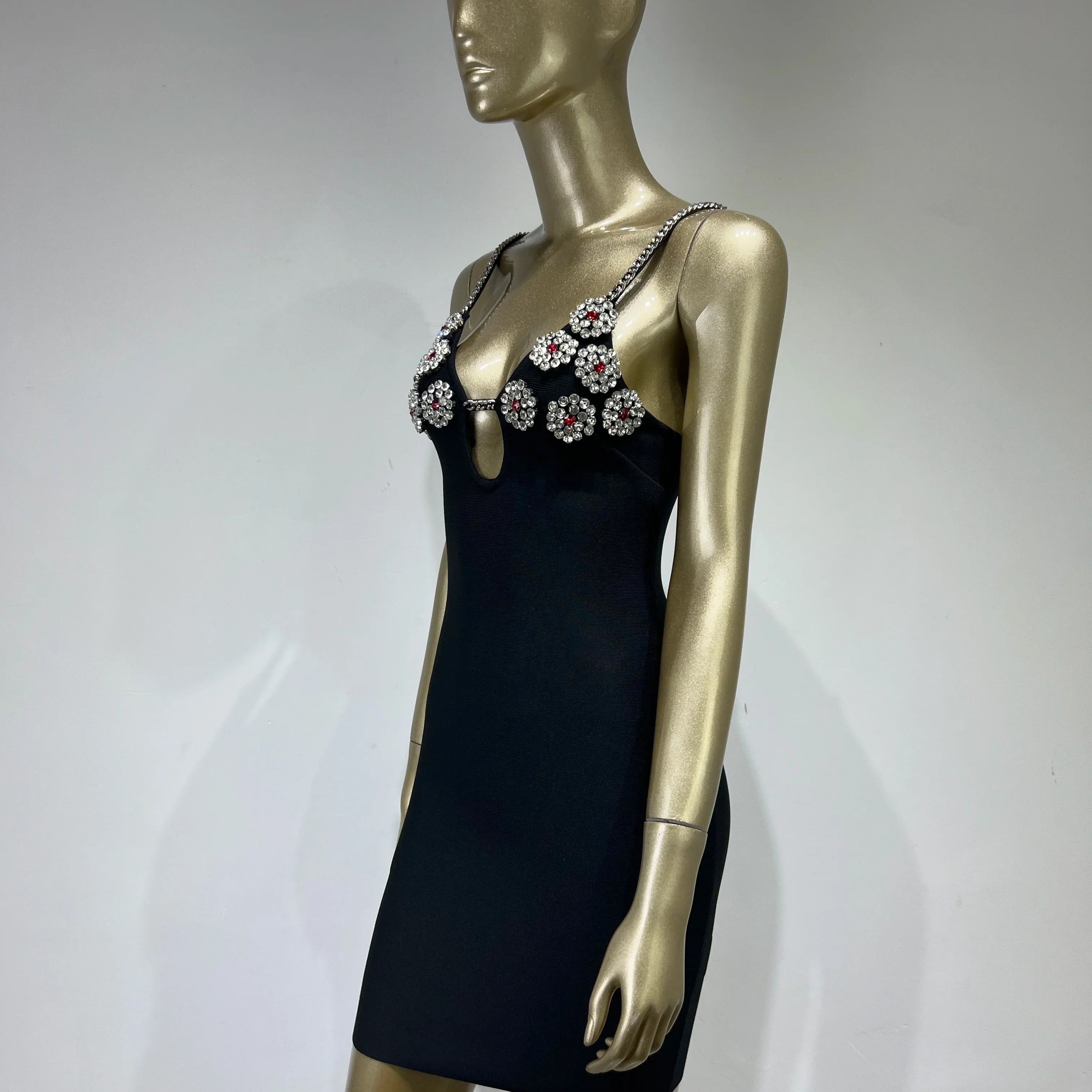 Newest Women Summer Fashion Sexy Key Hole Crystal Diamonds Black Mini Bandage Dress 2023 Elegant Evening Club Party Dress