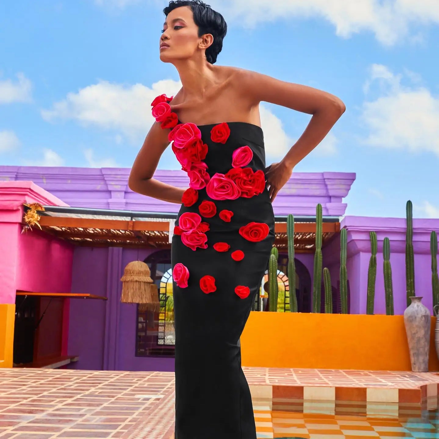 Red Flowers Strapless Black Bandage Ankle Length Dress Elegant Woman Evening Party Dress Cocktail Party Vestido