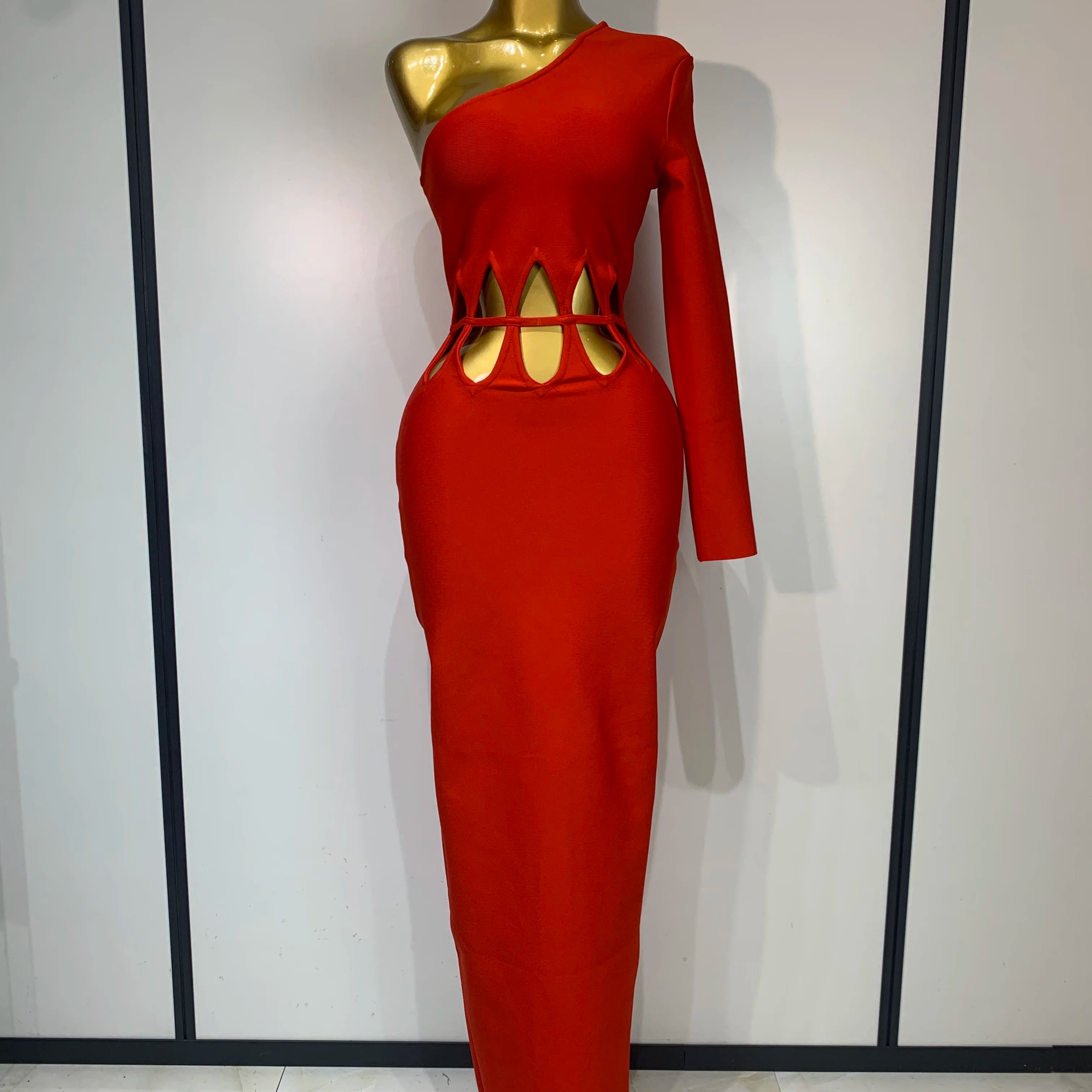 Women Sexy One Shoulder Cut Out Red Bodycon Bandage Dresses Elegant Luxury Birthday Nightclub Celebrity Evening Party Gowns