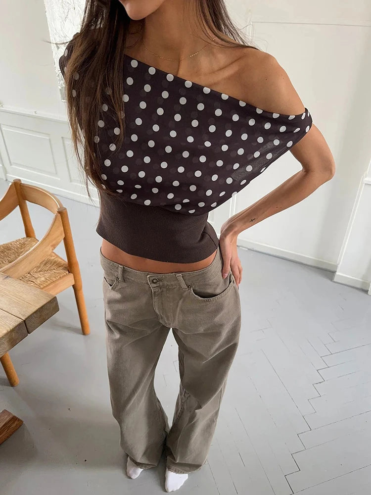 Mozision Backless Polka Dot Crop Tops Women Vest Fashion Summer New Oblique Shoulder Sleeveless Tank Tops Pullovers Female