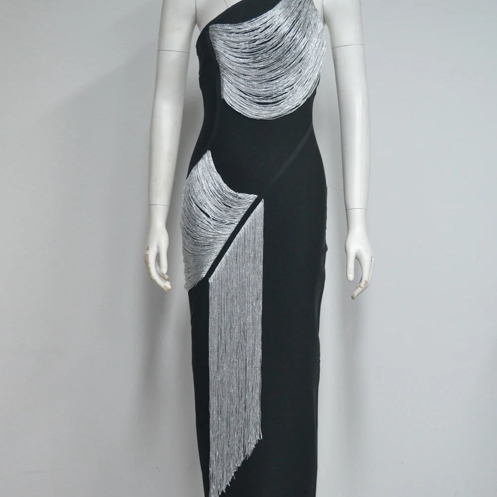 Women Sexy Halter Off the Shoulder Silver Tassels Bodycon Long Bandage Dress Evening Party Celebrate Cocktail Wear