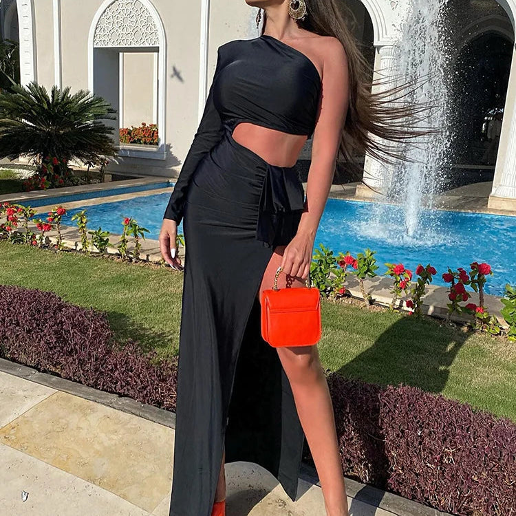 Black Long Dress Women Diagonal Collar One-Shoulder High Slit Ruched Design Evening Party Dress 2022 Autumn Winter New