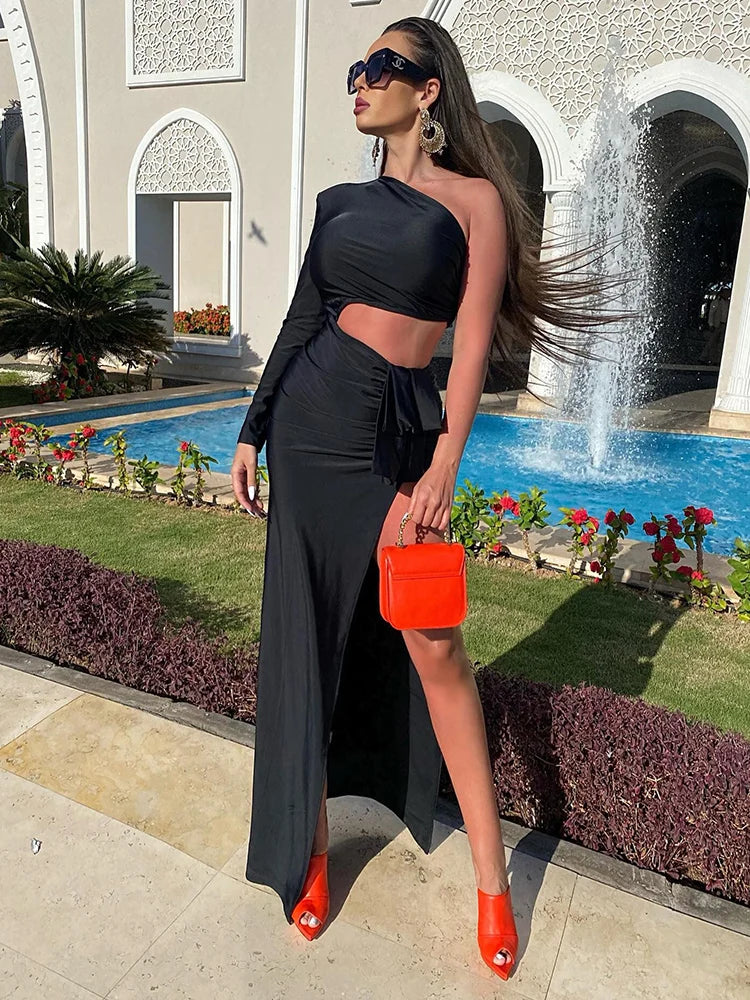 Black Long Dress Women Diagonal Collar One-Shoulder High Slit Ruched Design Evening Party Dress 2022 Autumn Winter New