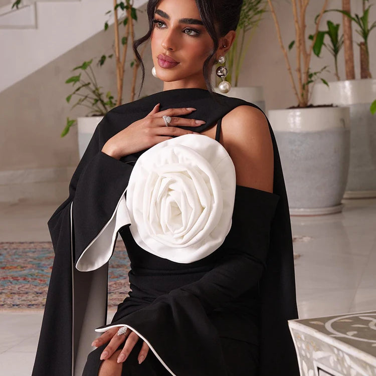 Summer New Simple Black Crepe 3D Flowers Mermaid Prom Dress 2024 Slim Long Sleeve Ankle-Length Formal Evening Dress