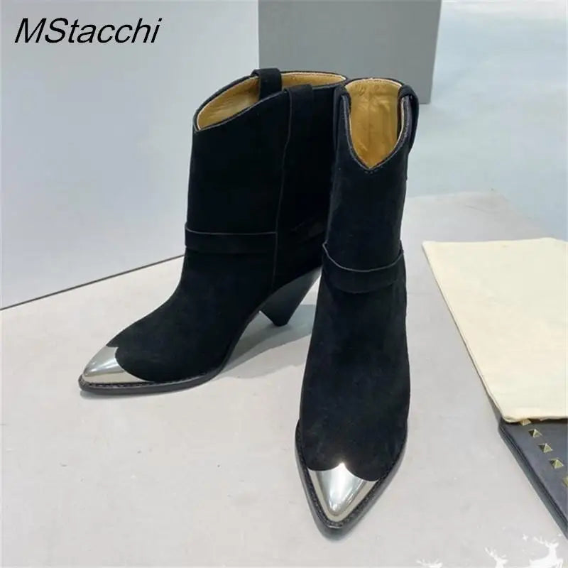 Metal Toe Women's Knight Boots Elegant Genuine Suede Leather Short Boots Ladies Strange Heel Shoes Women Slip-on Mid-calf Boots black suede