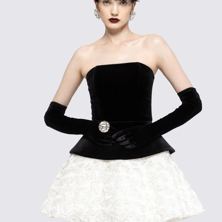 Vintage Glam Party Three-Pieces Strapless Mini Dress Outfit Black Velvet Bustier & White Floral Skirt