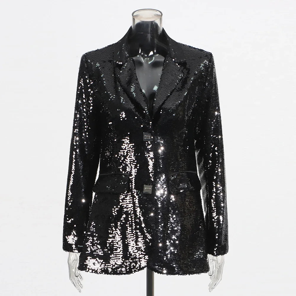 Solid Slimming Spliced Sequins Blazer for Women Lapel Long Sleeves Patchwork Pockets Coat Female Fashion Clothing BLACK
