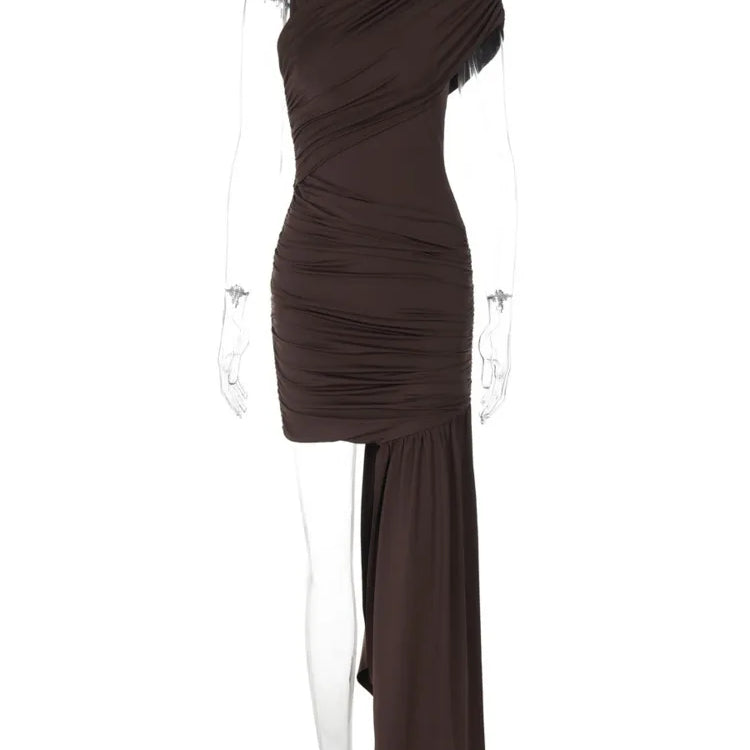 Mozision Irregular Draped Ruched Sexy Mini Dress For Women Elegant Turtleneck Sleeveless High Waist Pleated Club Party Dress