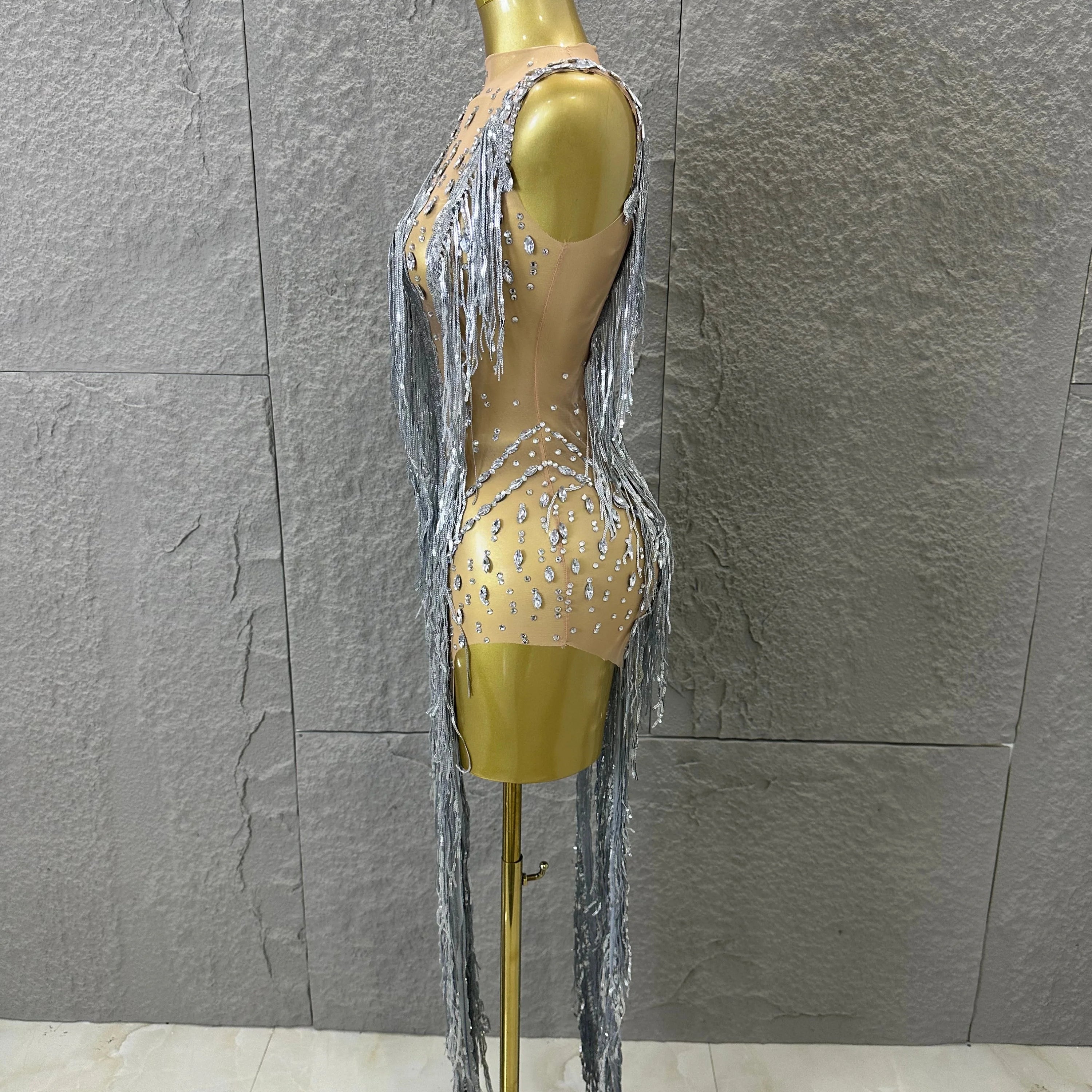 Luxury See Through Mesh Silver Rhinestone Long Tassel Dress Sleeveless Fitted Bodycon Formal Evening Wedding Guest Cocktail Gown