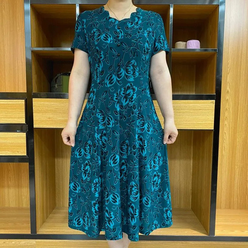 Vacation New Jacquard 2024 Summer Fashion Female Clothing V-Neck Splicing Floral Printing Short Sleeve Middle Length Dresses