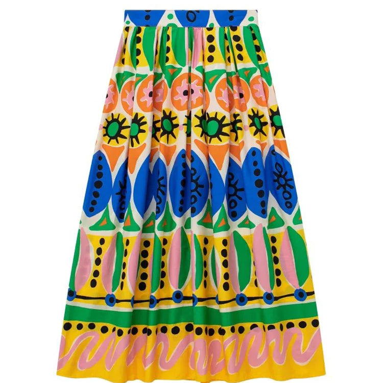 For Women Female Causal Halter Sleeveless Camisole Tops A-Line Mid-Calf Skirt TRAF Fashion Summer Print Skirt Sets