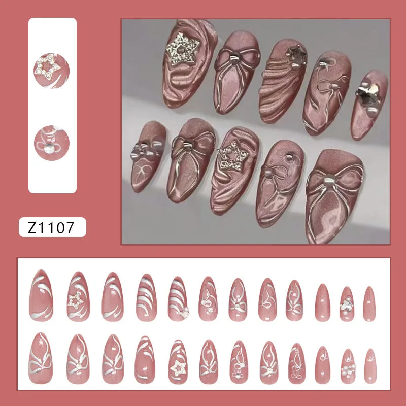 24pcs Flower Print Press on Nails Retro Color Blush Almond Fake Nail Tips Detachable Wearable Sweet Cool Spice Girl False Nails 5
