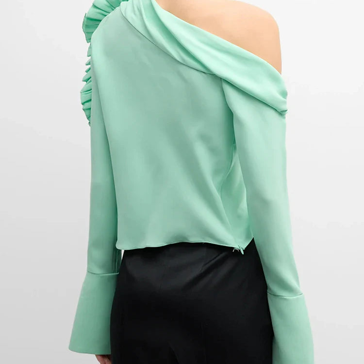 Patchwork Appliques Asymmetrical Blouse For Women Diagonal Collar Long Sleeve Solid Pullover Shirts Female Fashion