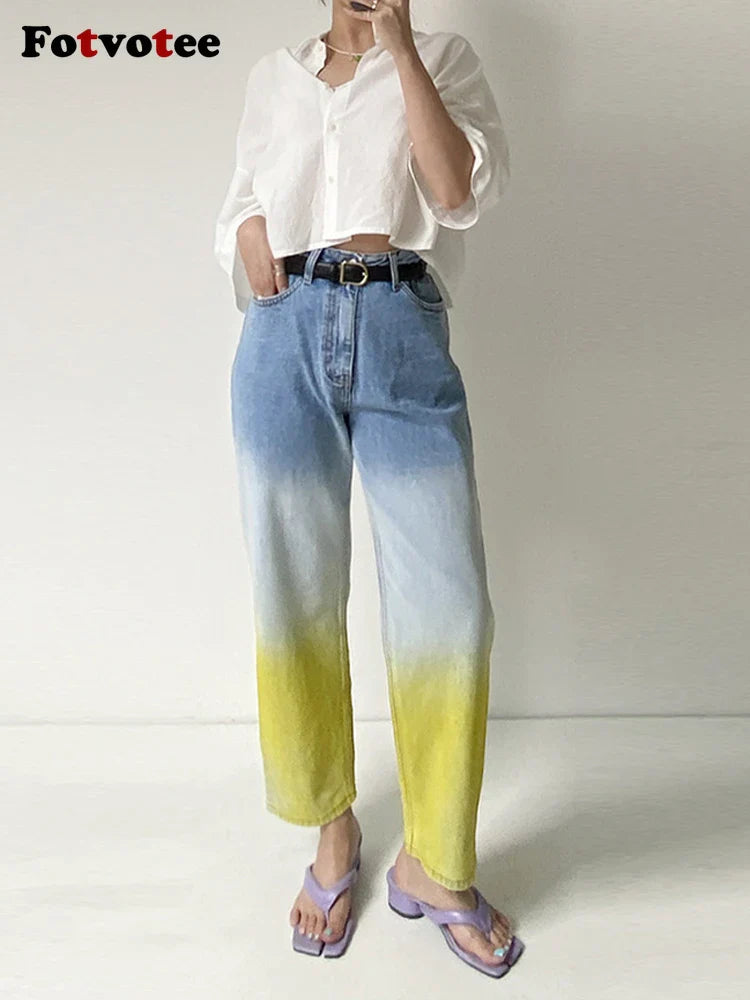 Fotvotee Jeans for Women Casual Gradient Denim Pants New Fashion High Waist Pockets Harem Pants Streetwear Ladies Y2k Jeans