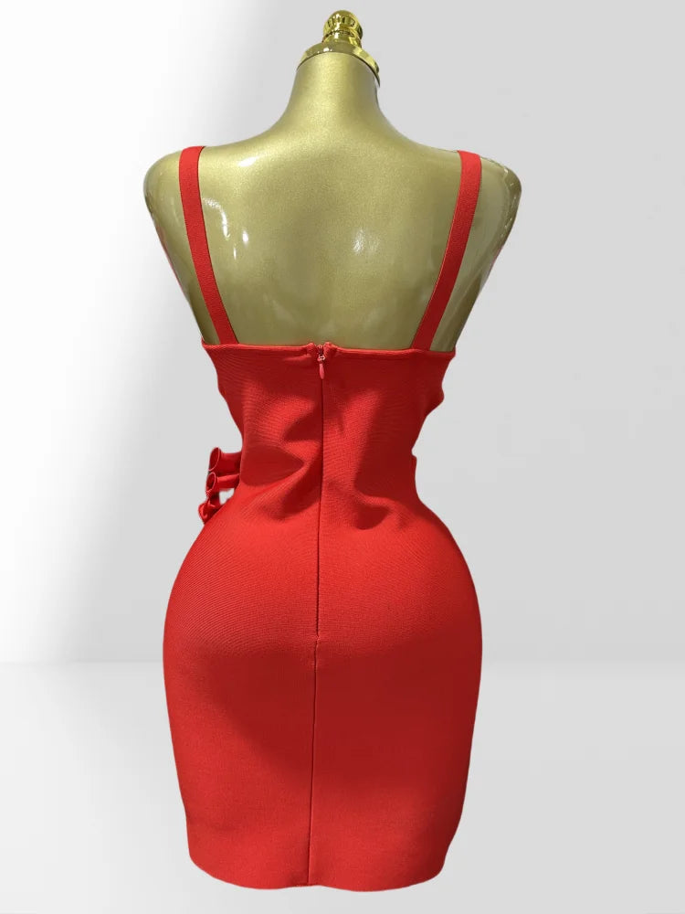 New Summer Stereoscopic Flowers Sexy Hollow Out Spaghetti Red Bandage Mini Dress Sweet Woman Party Dress Birthday Party Vestido